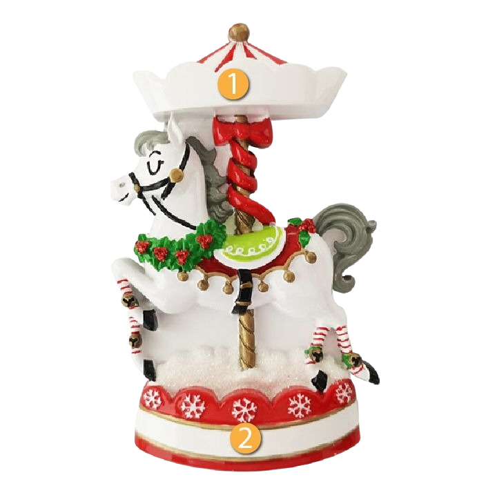 White carousel horse ornament with festive red, green, and gold holiday details for Christmas tree decoration