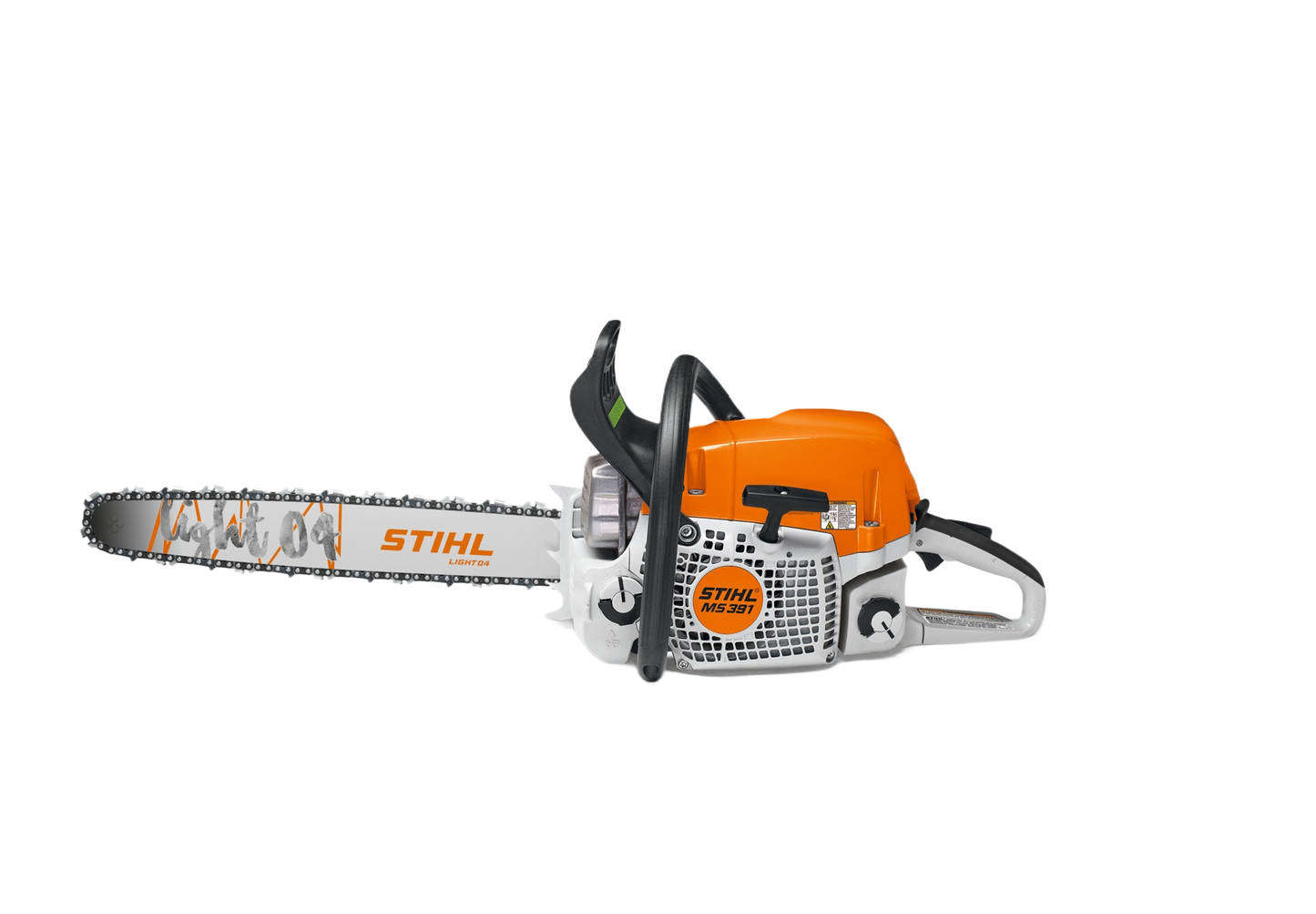 Orange and white STIHL gas-powered chainsaw with 20-inch bar designed for outdoor cutting and home improvement tasks