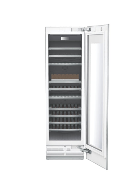 Built-in 24-inch panel ready wine cooler with open door and multiple adjustable shelves in Kitchen & Appliances collections