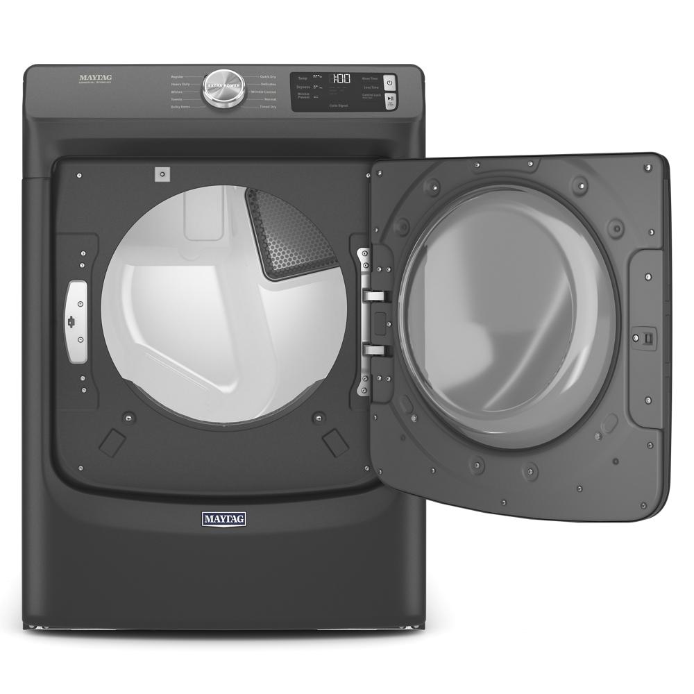 Black front load gas dryer with open door, digital controls, and large 7.3 cu. ft. capacity for home appliance use
