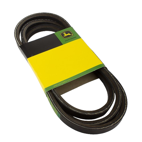 Heavy-duty black V-belt with branded yellow and green packaging for powertrain drive applications in tools and home improvement