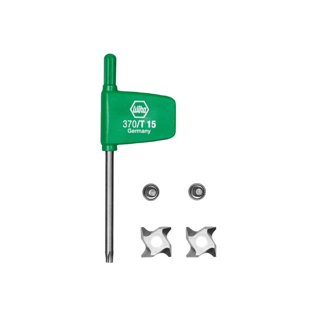Green-handled hex key wrench with metal router bit replacement knives and bearings for woodworking tool accessories