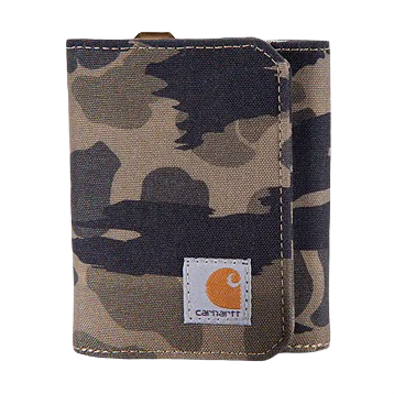 Compact camo-patterned nylon trifold wallet with durable stitching and Carhartt fabric label on front panel