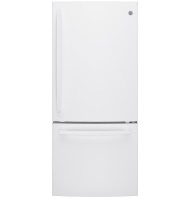 White energy-efficient bottom-freezer refrigerator with sleek handles from kitchen and appliances collections