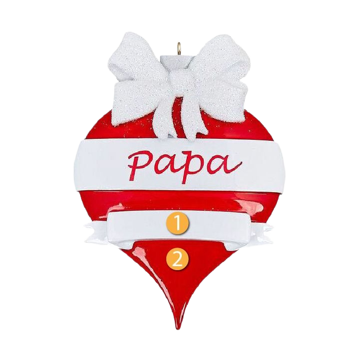 Red teardrop Christmas ornament with white bow and personalized "Papa" script from holiday decorations under $50 collection