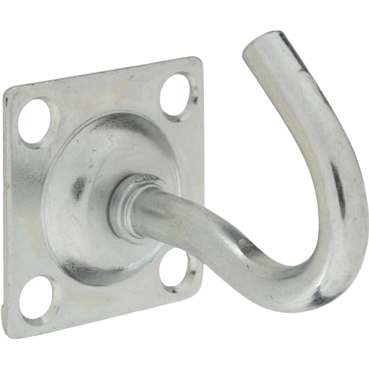 Steel square base hook with four mounting holes for securing clotheslines and tarp tie-downs in hardware collections