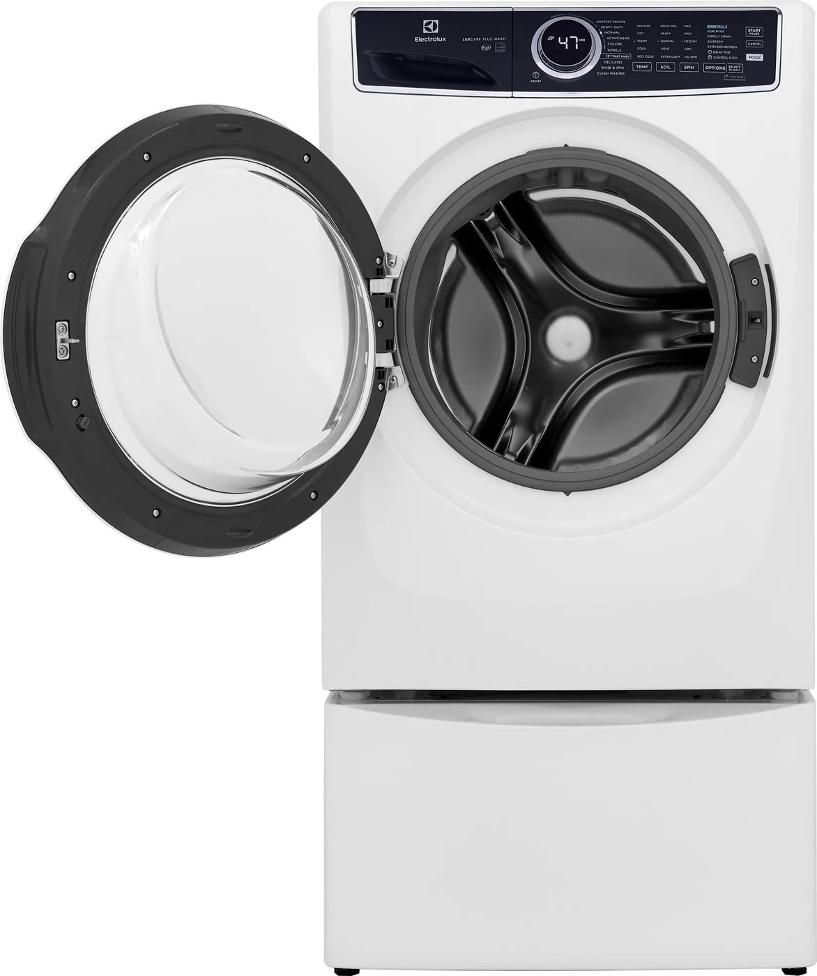 Front load washer with open door, digital display, and sleek drum interior from washers and dryers appliance collection
