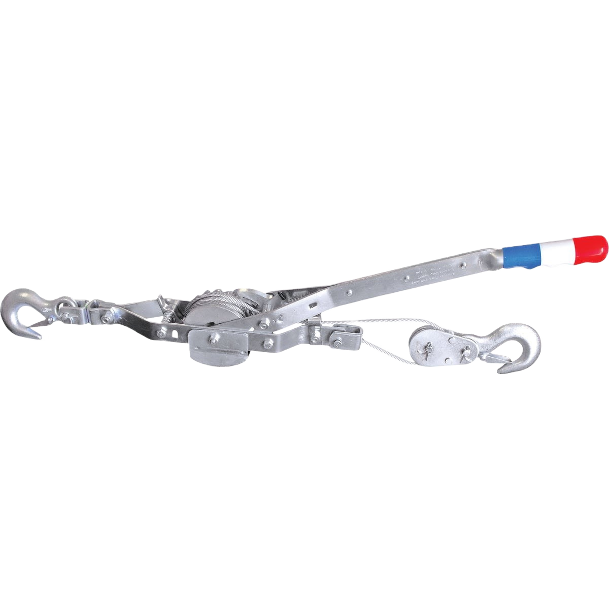 Steel cable puller with long handle featuring red, white, and blue grip for tools and home improvement use