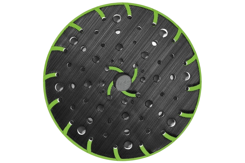 Round sanding backing pad with ventilation holes and green accents for power tool use in home improvement tasks