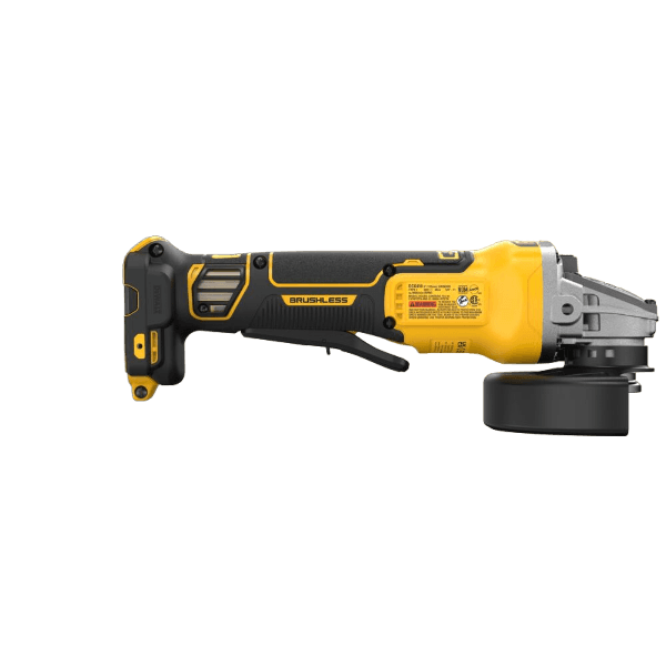 Yellow and black cordless brushless angle grinder with ergonomic design for tools and home improvement projects