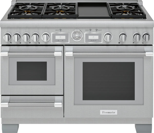 Stainless steel dual fuel professional range with multiple burners, griddle, dual ovens, and control knobs in kitchen appliances collection