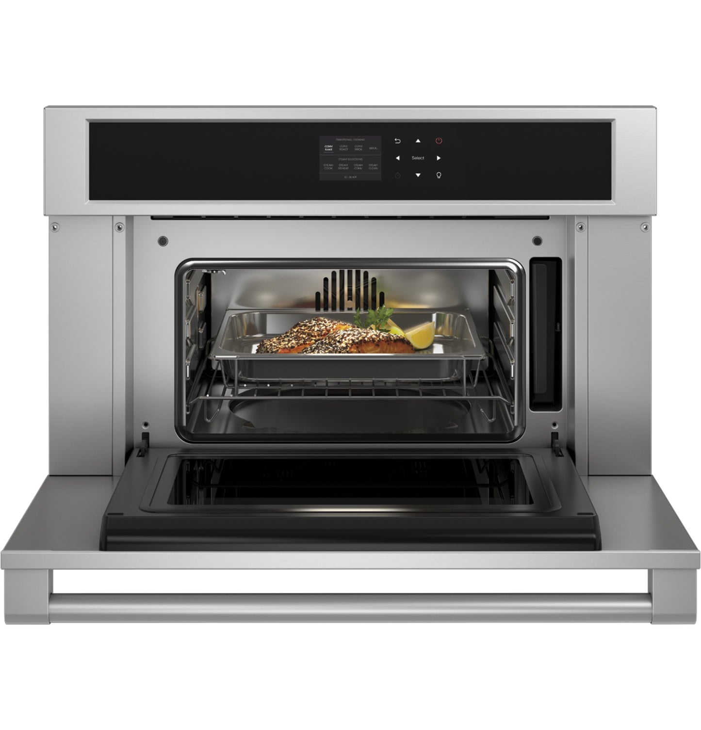 Monogram stainless steel steam oven with open door, digital touchscreen, and fish cooking inside from Wall Ovens collection