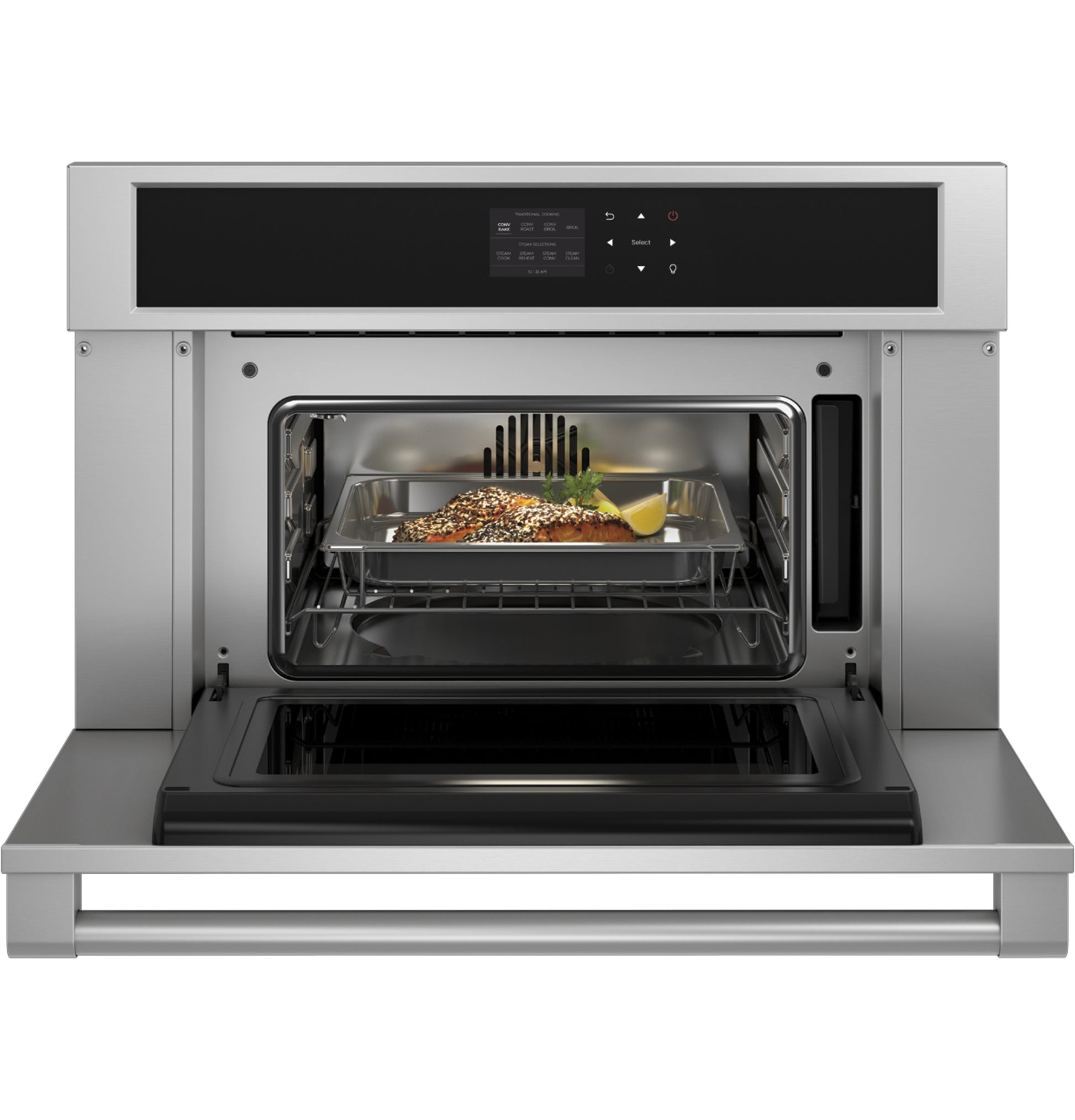 Monogram stainless steel steam oven with open door, digital touchscreen, and fish cooking inside from Wall Ovens collection