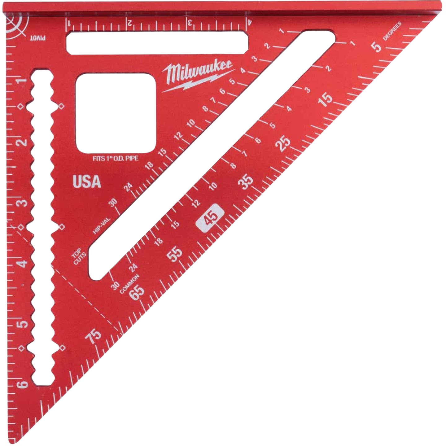 Red aluminum rafter square with measurement markings, precision tool for woodworking and home improvement projects under $50