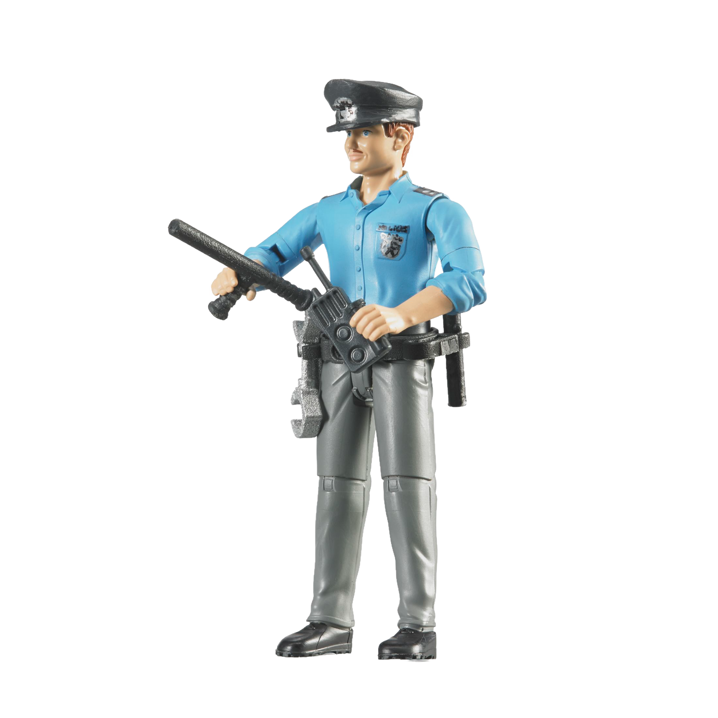 Light skin policeman action figure in blue shirt and gray pants holding baton, toy from Bruder Toys collection under $50