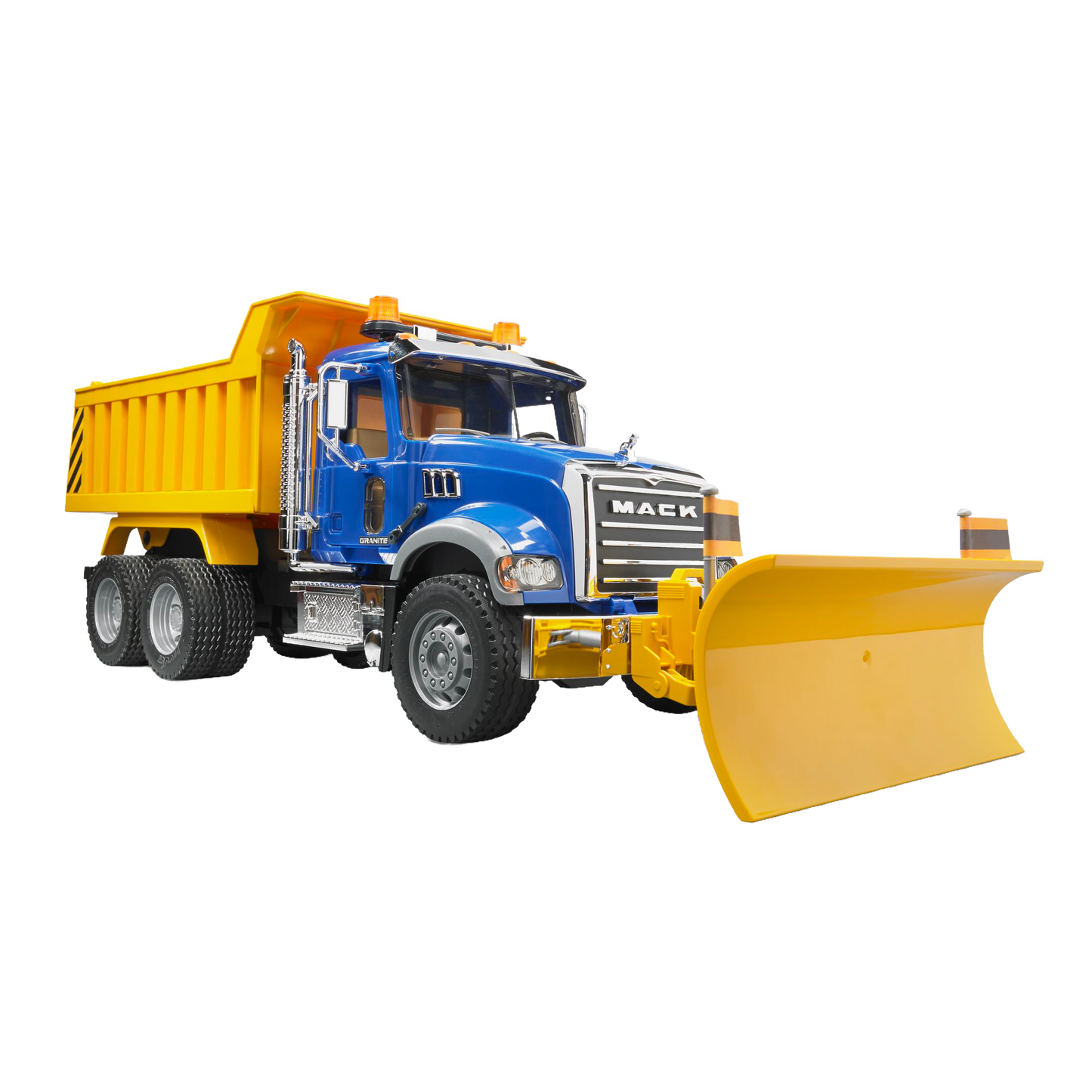 Blue and yellow Mack Granite dump truck toy with large plow, detailed cabin, part of Vehicles & Remote Controlled Toys collection