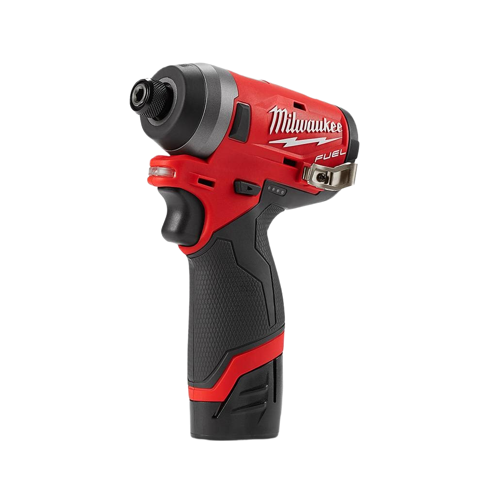 Compact red and black cordless impact driver with textured grip designed for tools and home improvement tasks
