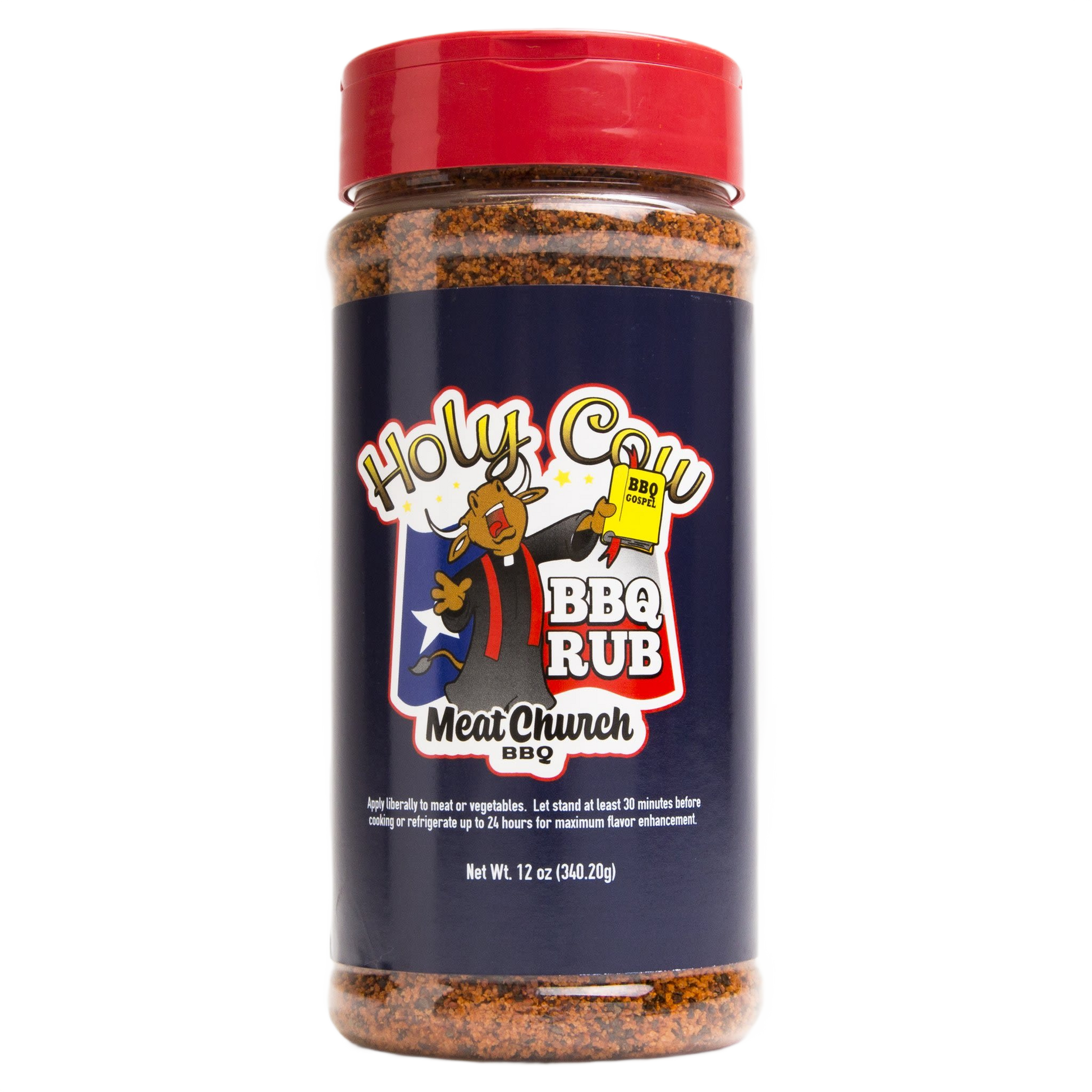 12 oz bottle of gluten-free Holy Cow BBQ rub with red cap in grilling sauces and spices collection