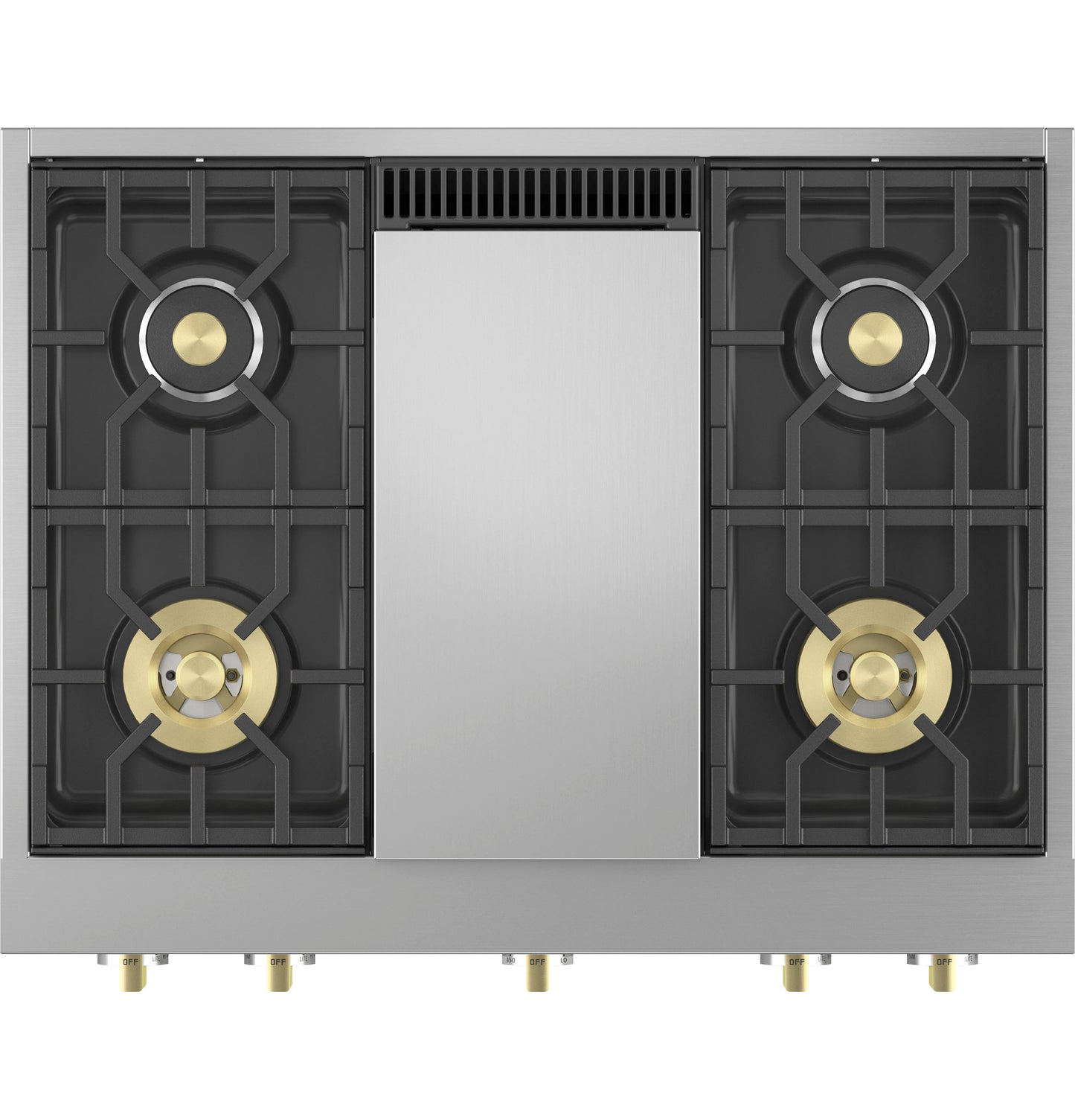 Professional gas cooktop with four burners, integrated griddle, brass accents, and stainless steel finish in Kitchen & Tools collections