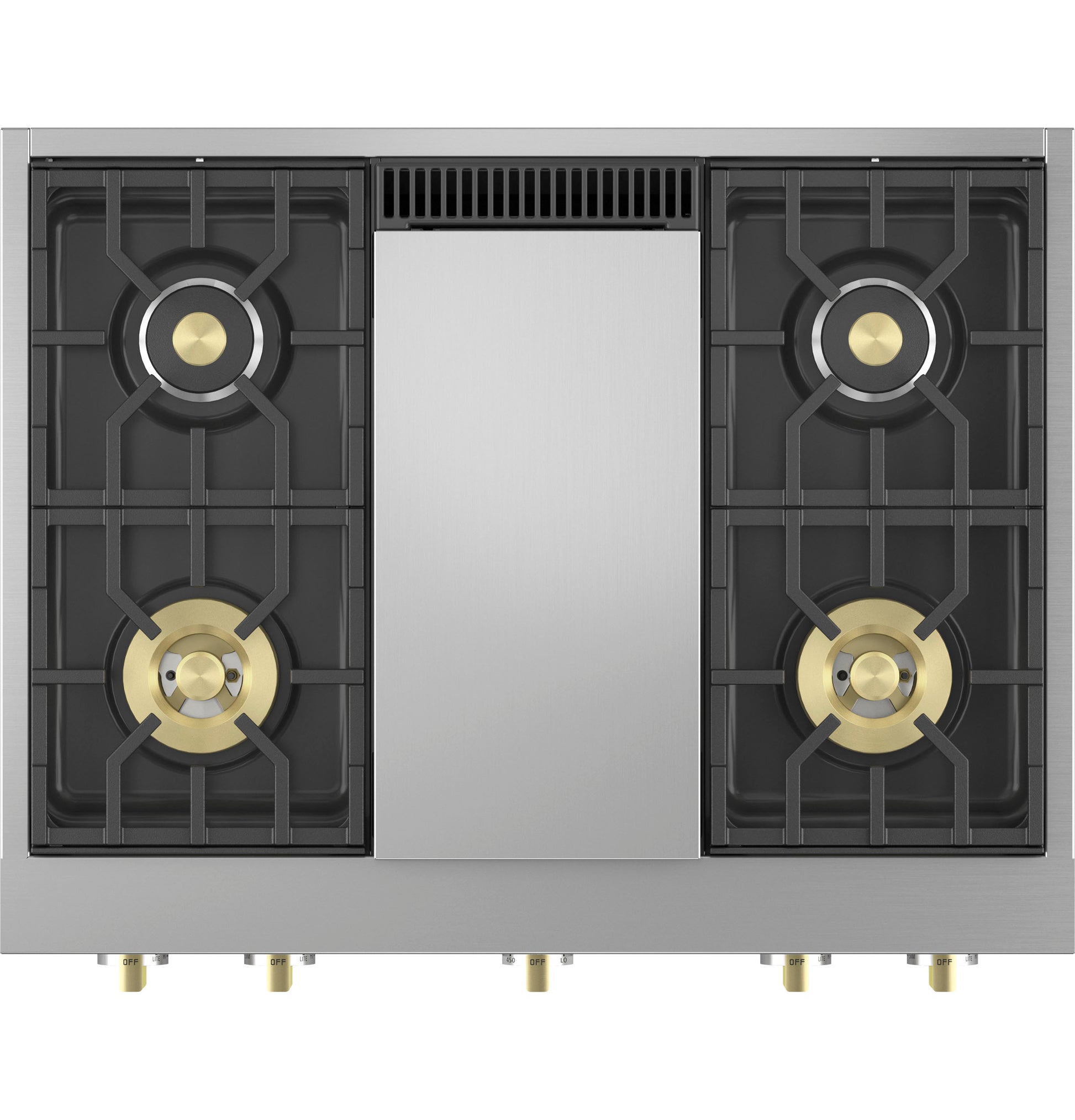 Professional gas cooktop with four burners, integrated griddle, brass accents, and stainless steel finish in Kitchen & Tools collections