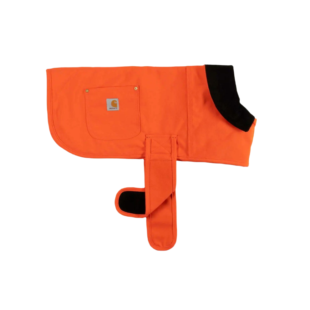 Bright orange durable dog coat with black collar and adjustable straps for outdoor wear and protection