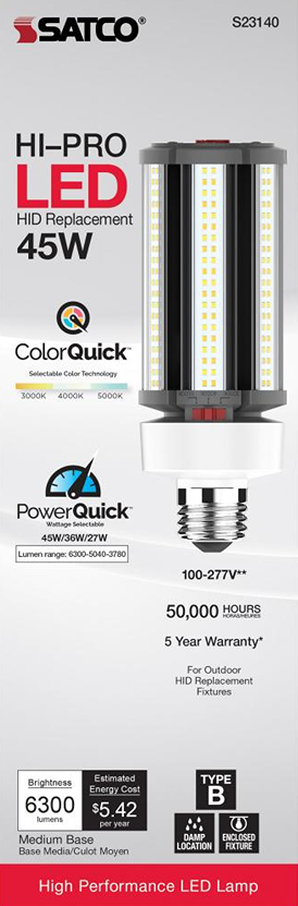 High-performance LED bulb with selectable color and wattage options for outdoor HID replacement lighting