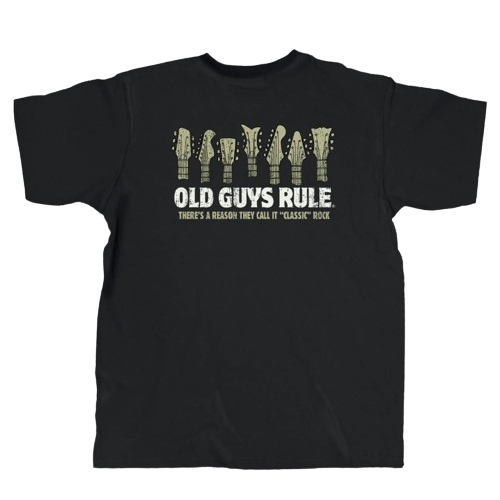 Black men's shirt featuring vintage-style guitar headstock graphic with classic rock themed text design