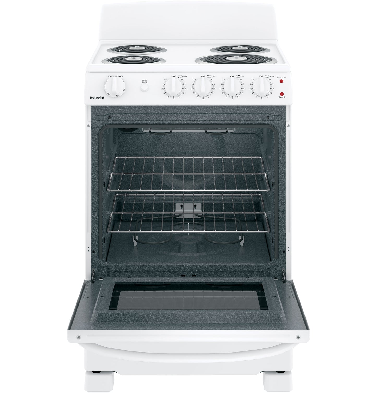 White electric free-standing range with front controls and open oven door showing two wire racks inside appliance collection