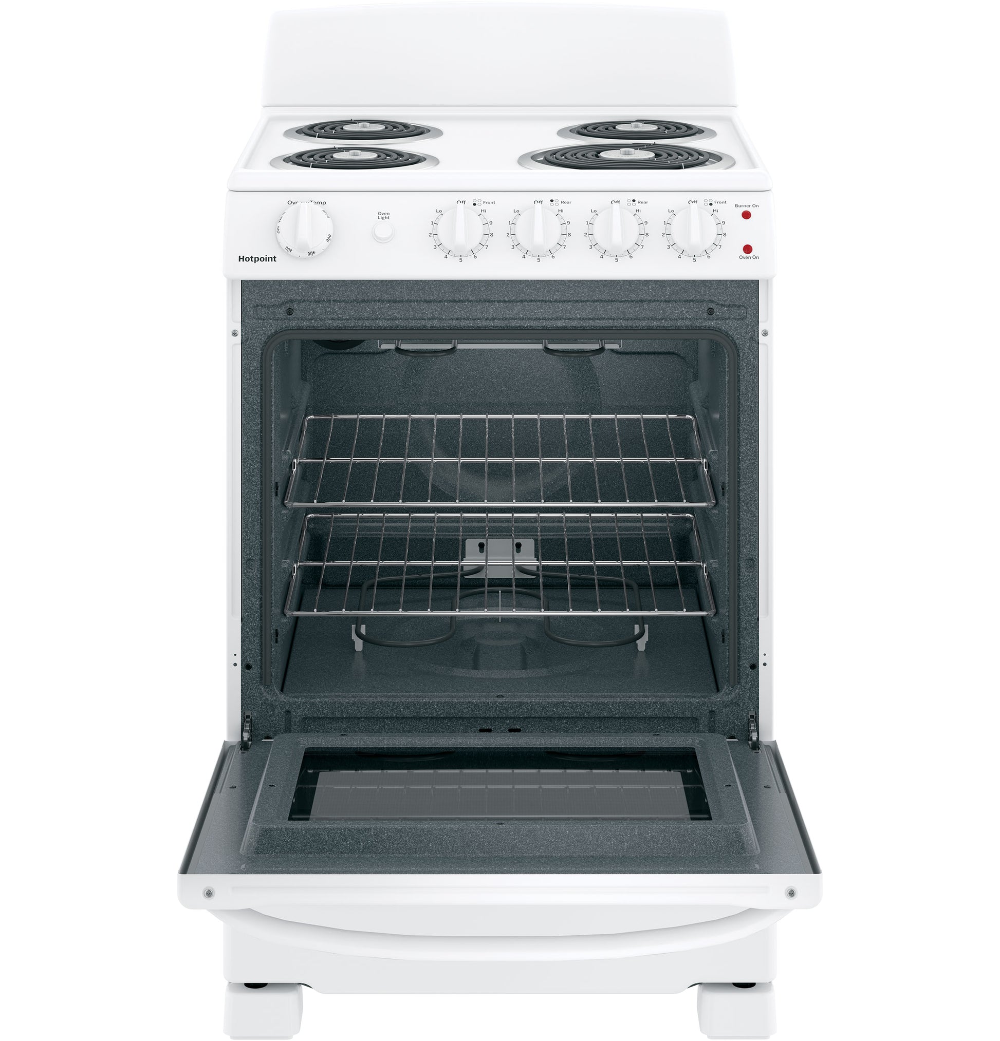 White electric free-standing range with front controls and open oven door showing two wire racks inside appliance collection