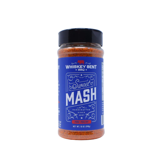 Bottle of Whiskey Bent BBQ Sweet Mash gluten-free seasoning rub for pork and poultry with blue label and black cap