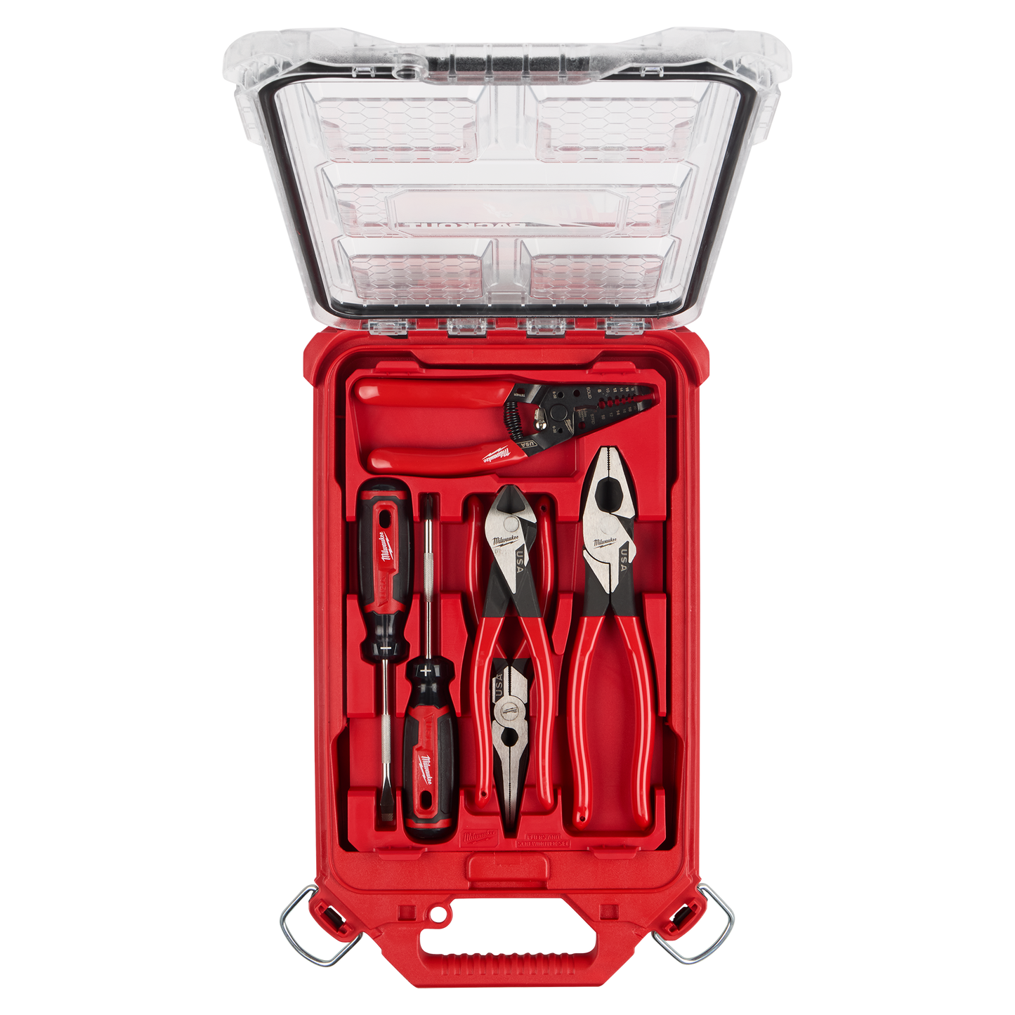 Milwaukee 6 PC. Dipped Grip Pliers, Wire Stripper, & Cushion Grip Screwdrivers Set(USA) w/ PACKOUT™ Low-Profile Compact Organizer