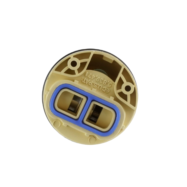 Beige and blue plastic single-handle tub shower cartridge for faucet repair in plumbing parts collection