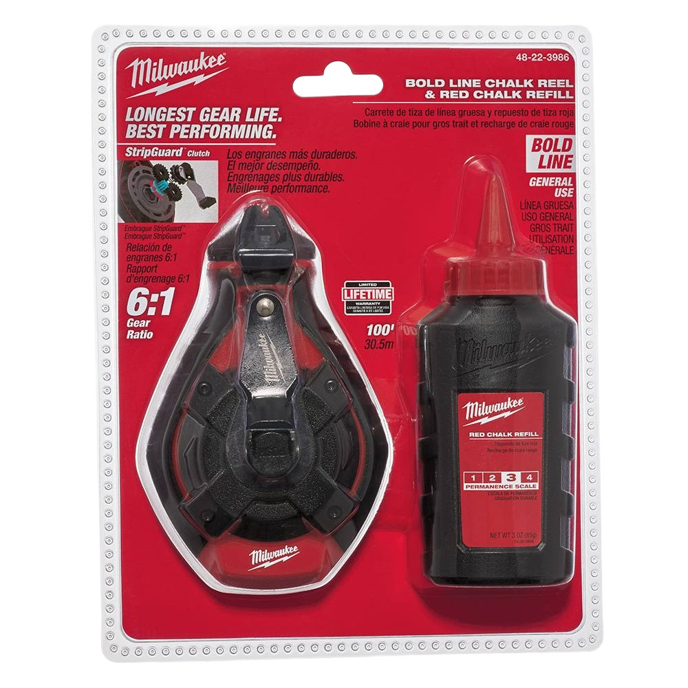 Milwaukee red chalk reel kit with durable gear clutch and red chalk refill in woodworking and hand tools collection under $50