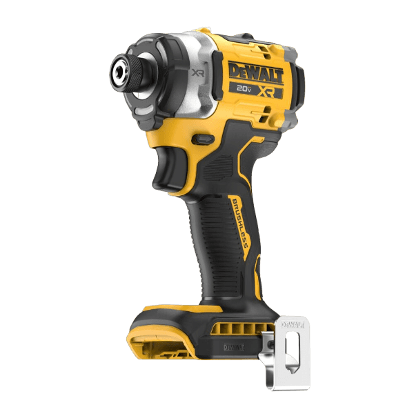Yellow and black cordless high torque impact driver with ergonomic grip and metal belt clip for home improvement tasks