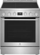 Front view of stainless steel 30" induction freestanding range with smooth cooktop and digital display in kitchen appliances collection