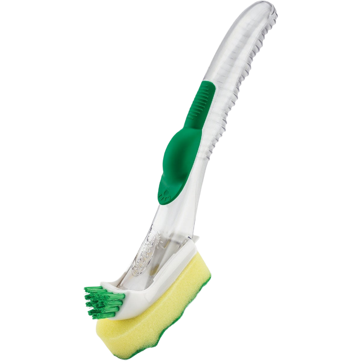 Dish brush with green handle and yellow sponge head for cleaning, part of cleaning tools under $50 collections