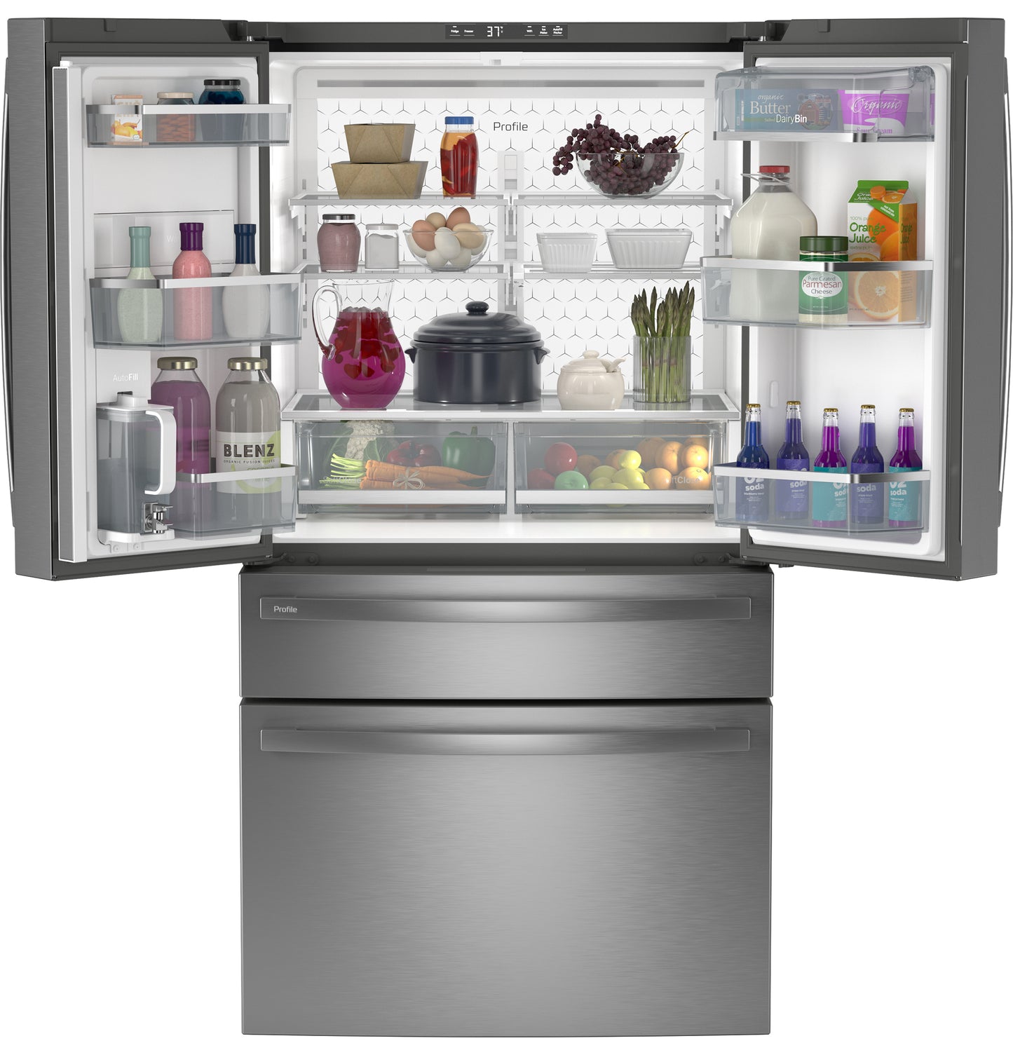 Fingerprint-resistant stainless steel 4-door French-door refrigerator with spacious interior and organized adjustable shelves in appliances collection