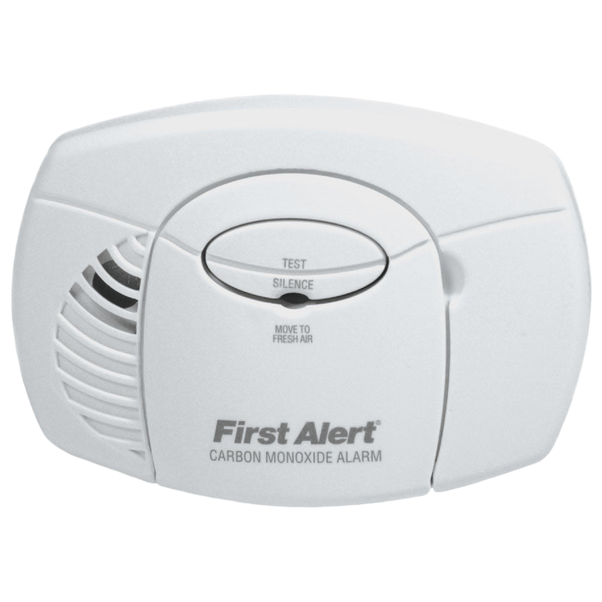 Compact white carbon monoxide alarm with test and silence button for home safety and improvement projects
