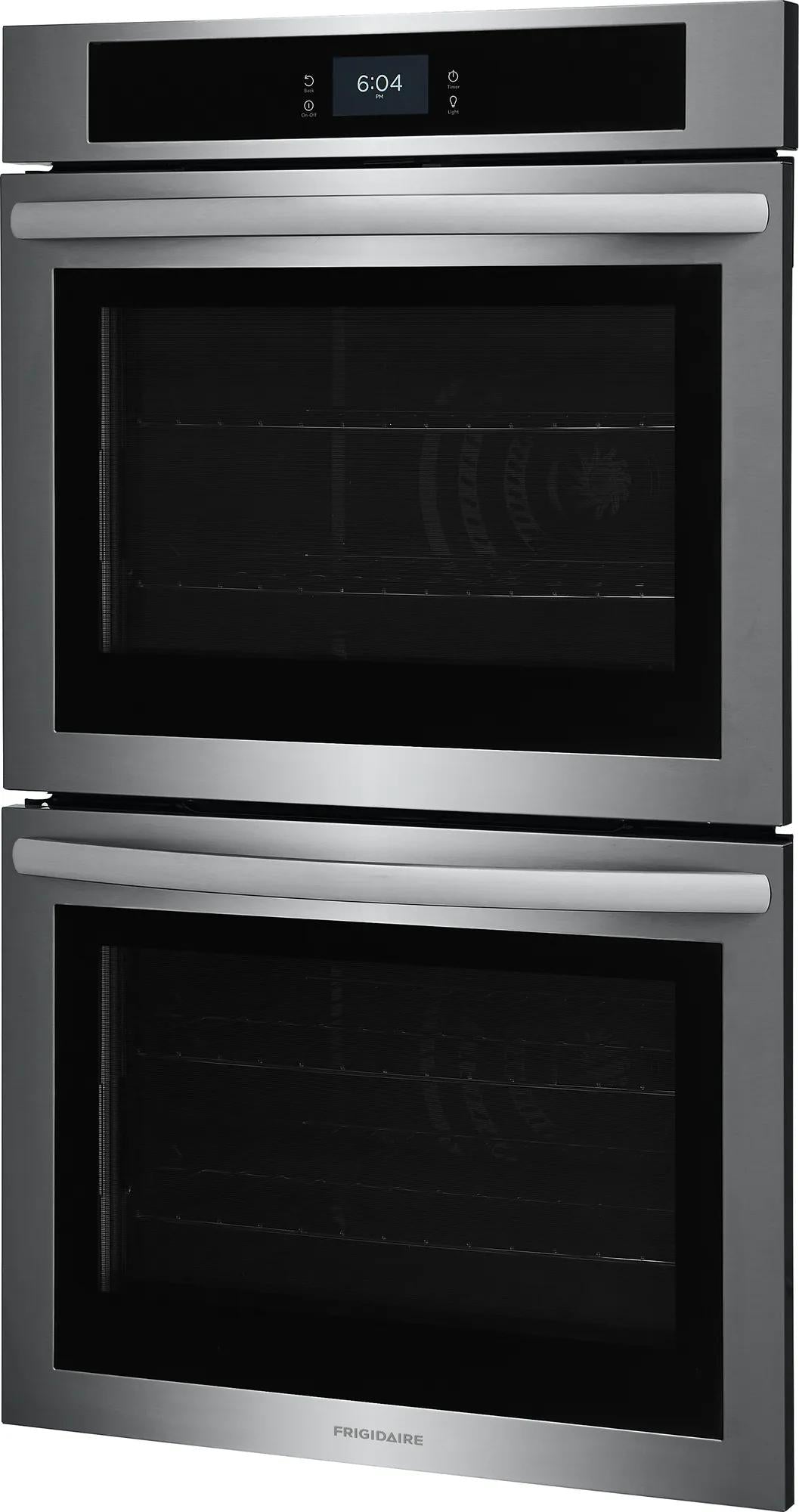 Stainless steel double electric wall oven with fan convection and touchscreen control from kitchen appliances collection
