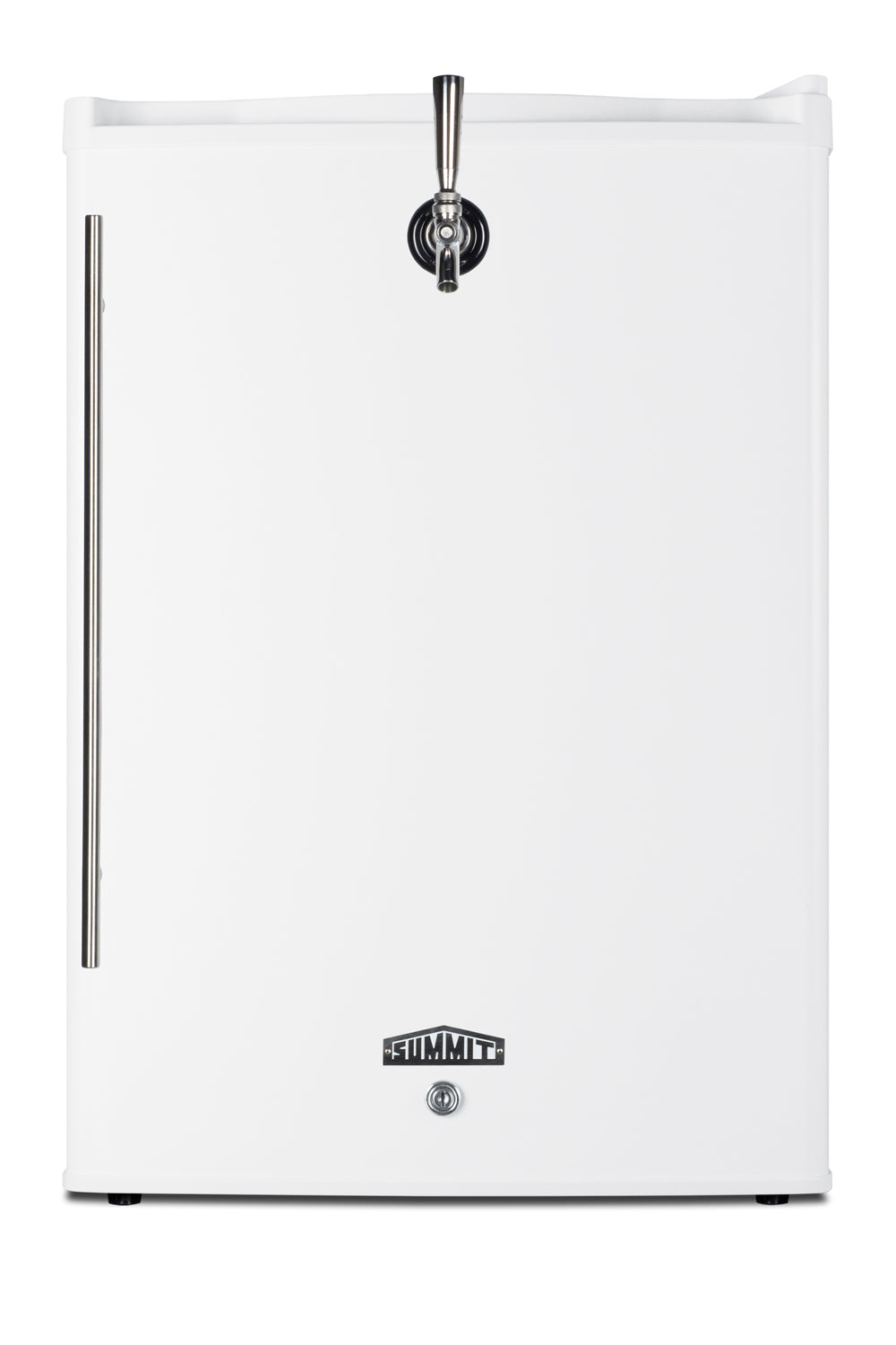 White 17-inch wide tabletop beer dispenser with front tap and stainless steel handle, designed for beverage centers in kitchens and home improvement at Hartville Hardware.