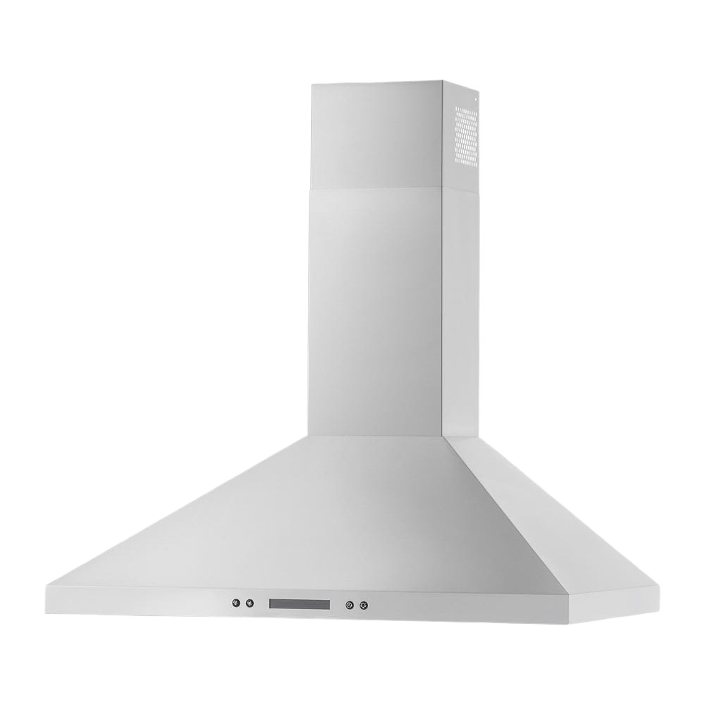 Silver wall mount chimney range hood with digital controls and dishwasher-safe grease filters for kitchen ventilation