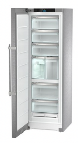 Tall freestanding freezer with left-hinged door, multiple clear drawers, and stainless steel finish in appliances collection