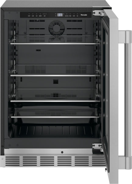 Under-counter stainless steel refrigerator with glass door, right hinge, and adjustable interior shelves for kitchen use