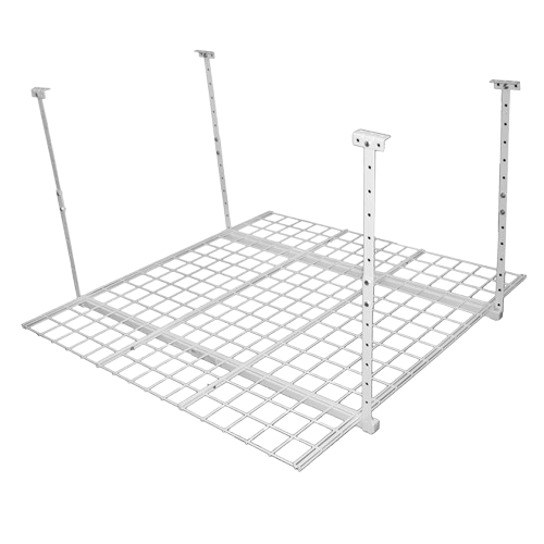 Overhead metal ceiling storage rack with adjustable supports for garage storage and home organization solutions