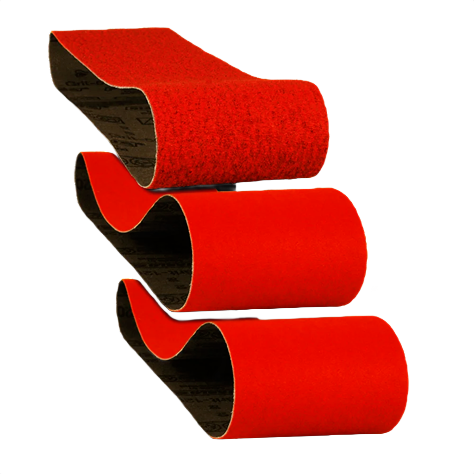 Three red sanding belts in varying grits designed for home improvement and woodworking tools and tasks