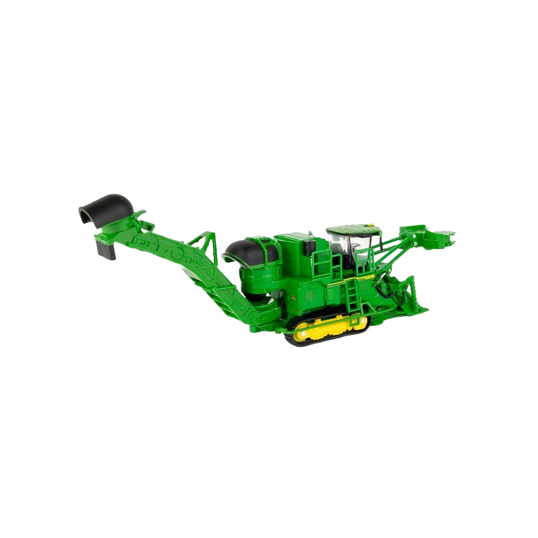 Green scale model of a sugar cane harvester with detailed cab and extended harvesting arm on yellow tracks