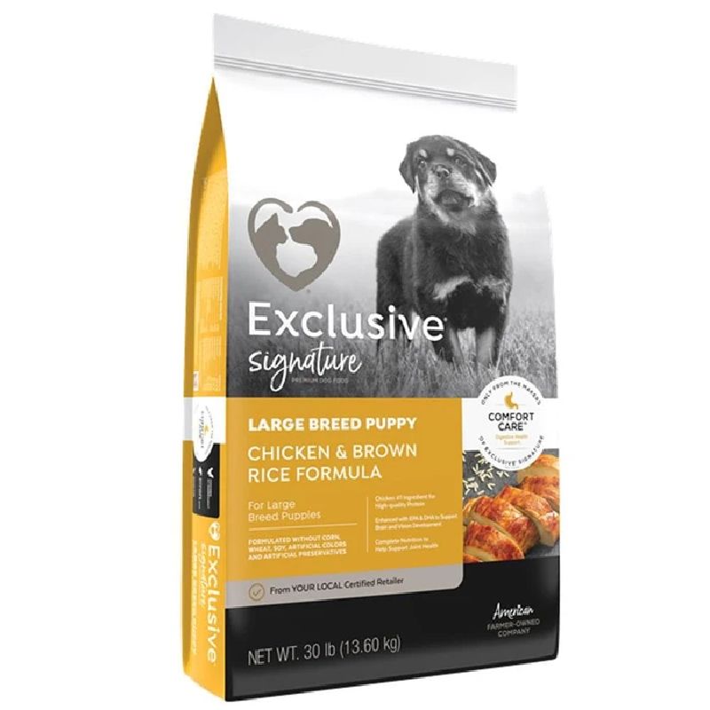 Bag of dry dog food for large breed puppies with chicken and brown rice formula in pet food collection