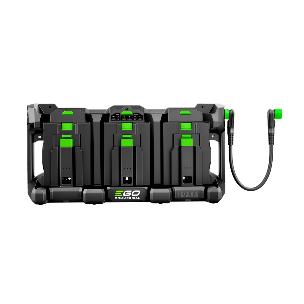 Three-port commercial charging dock with green accents for power tool batteries in portable power accessories collection