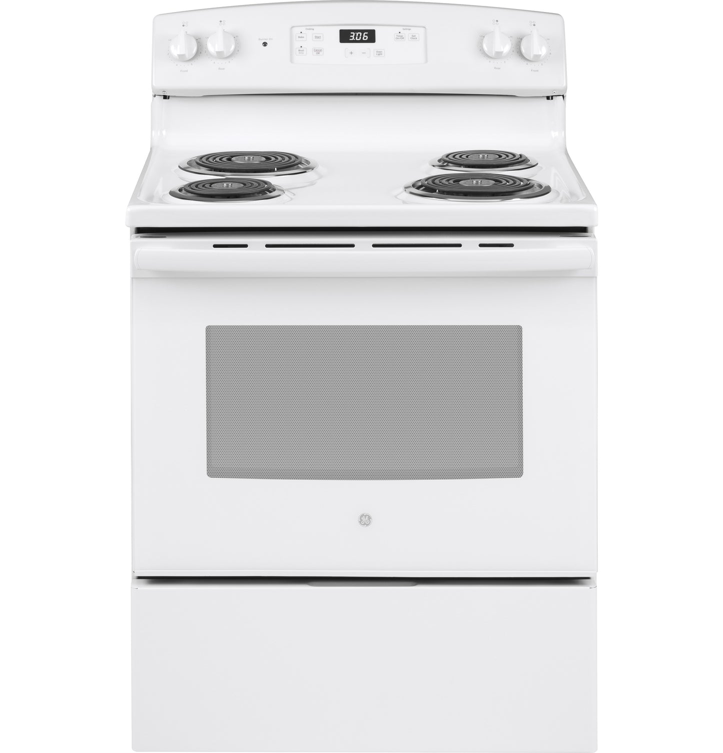 White free-standing electric range with coil burners, digital display, and oven window from Ranges and Kitchenware collections
