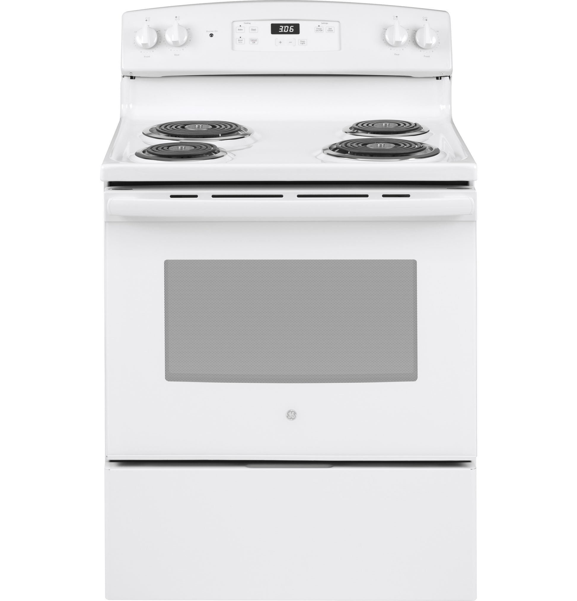 White free-standing electric range with coil burners, digital display, and oven window from Ranges and Kitchenware collections